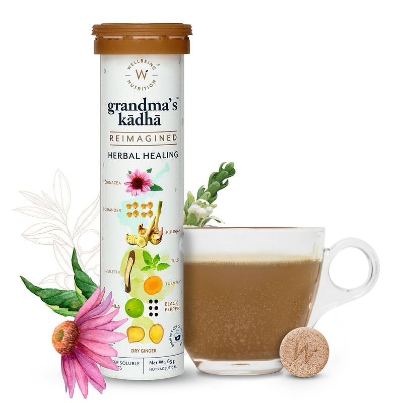 Wellbeing Nutrition Grandma's Kadha - Ayush Kwath Immunity Booster with Melts instant Throat Relief for Sore Throat, Immunity, Cold, Cough & Congestion (15 Effervescent Tablets & 30 Oral Strips)