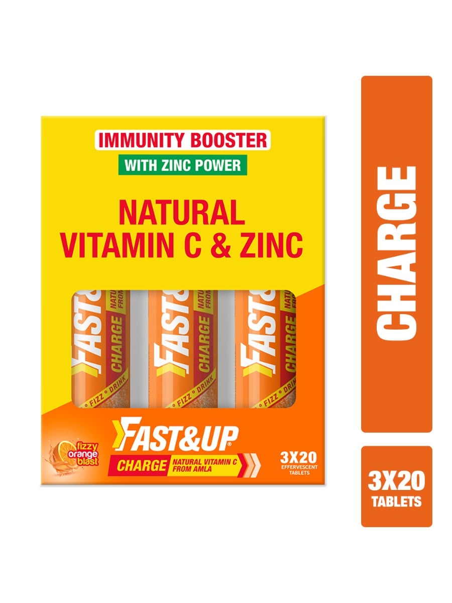 Fast & Up Charge Natural Vitamin C & Zinc Effervescent Tablets with Amla Orange (3 x 20 Tablets)