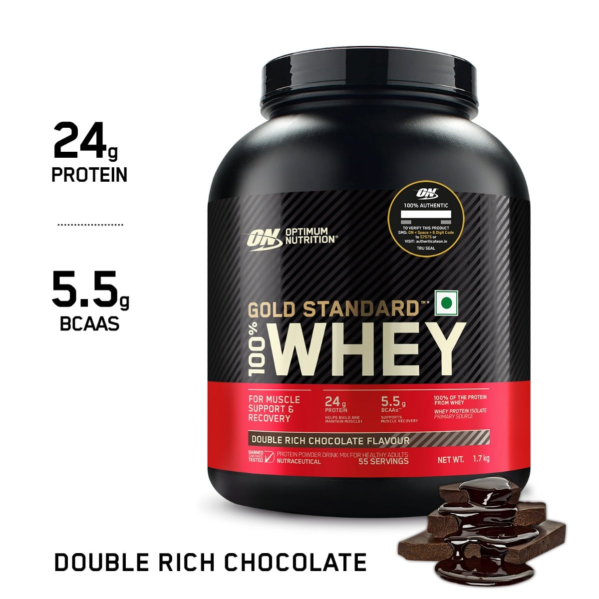 Optimum Nutrition (ON) Gold Standard 100% Whey Protein Powder 1.7 Kg (Double Rich Chocolate), for Muscle Support & Recovery, Vegetarian Primary Source Whey Isolate