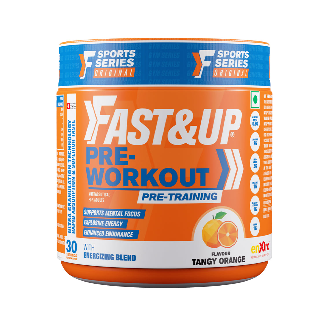 Fast&Up Pre Workout Supplement | Pre Workout Supplement For Men & Women (30 Servings, Orange Flavour)