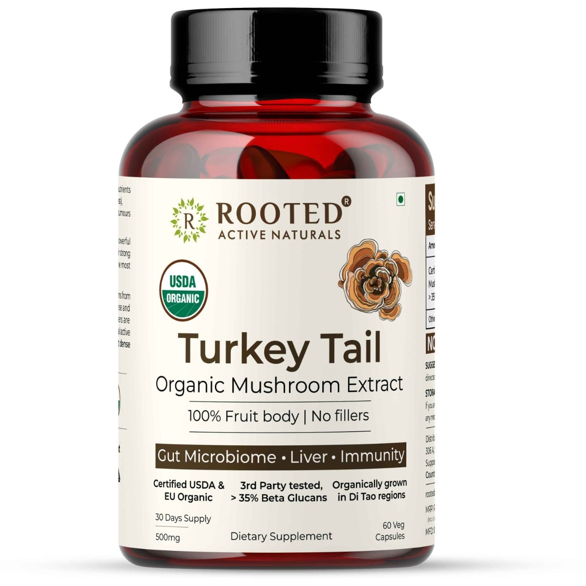 USDA Organic Turkey Tail Mushroom Extract. USDA Organic Turkey Tail Mushroom Extract (60 Veg Caps, 500 mg), 35% Beta Glucans