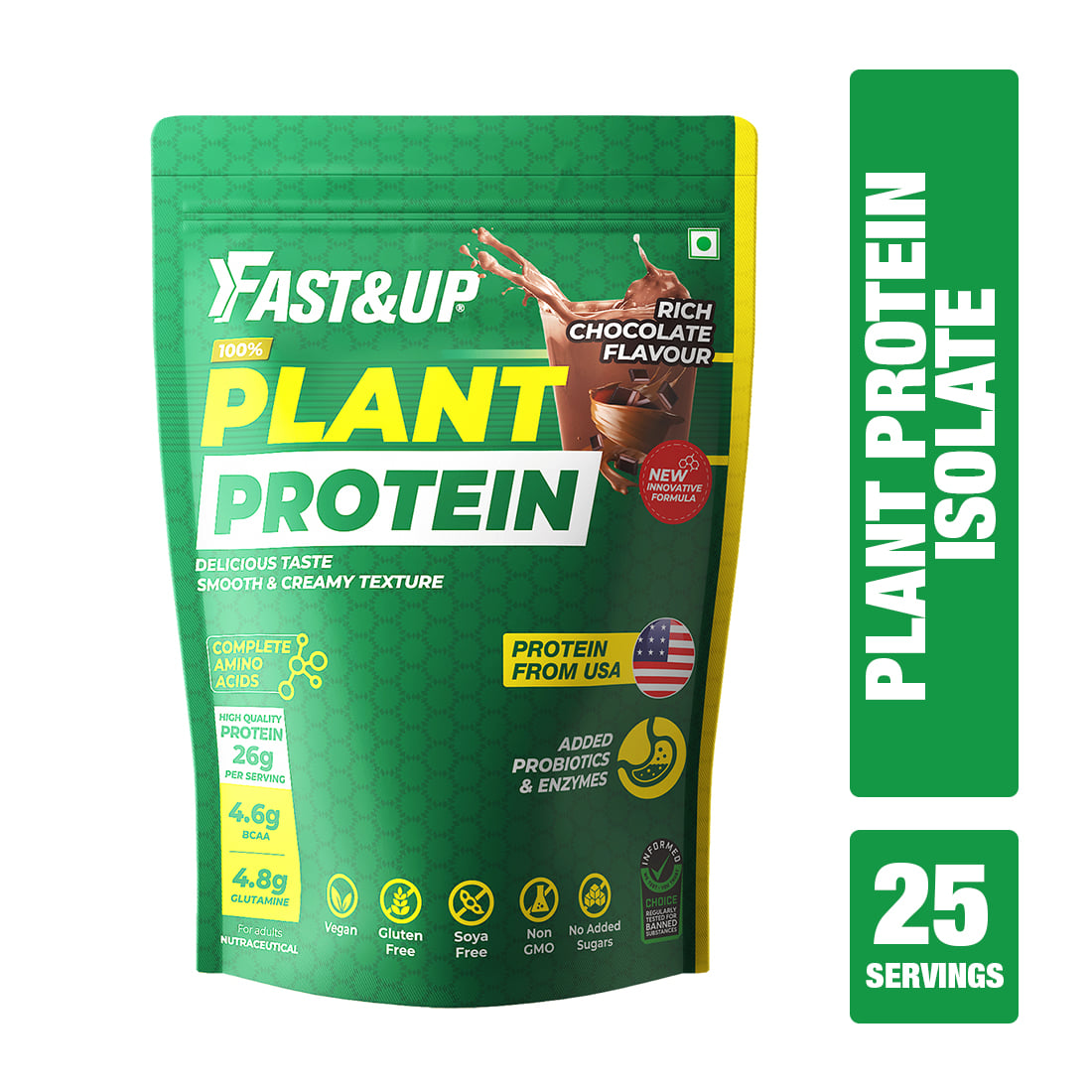 Fast&Up Plant Protein 26g Certified Protein from USA with 4.6g BCAA, 4.8g Glutamine. Smooth & Creamy Protein to Support Muscle Health & Recovery, Everyday Fitness & Nutrition 25 servings, Chocolate flavour