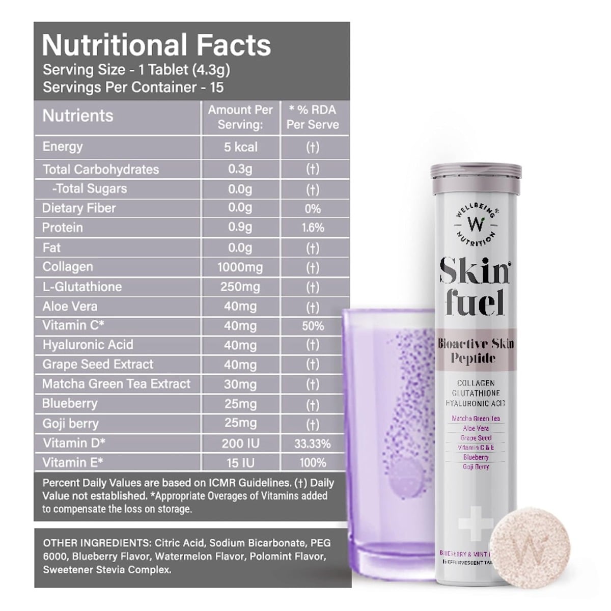 Wellbeing Nutrition Skin Fuel | Collagen Builder, L-Glutathione, Hyaluronic Acid, Matcha Green Tea, Aloe Vera, Grape Seed, Vit E | Skin Radiance, Elasticity, Glow for Men & Women -30 Effervescent Tabs