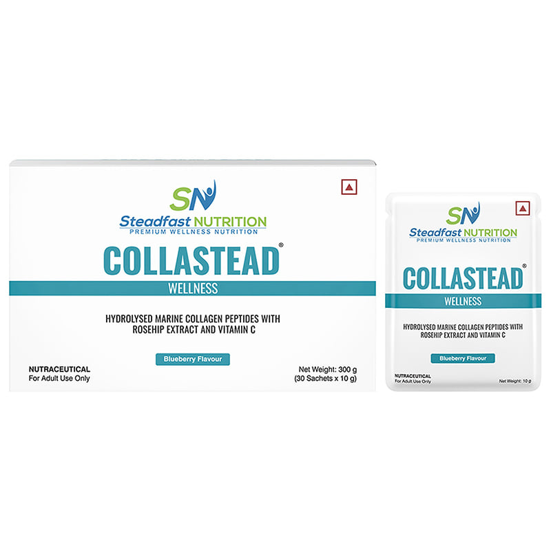 Steadfast Nutrition Collastead Collagen Powder | Natural Marine Collagen Supplements for Women & men | Boost Skin, Hair, Bones, Nail Health with Pure Collagen Peptides | Blueberry Flavour, 300g | 30 Sachets