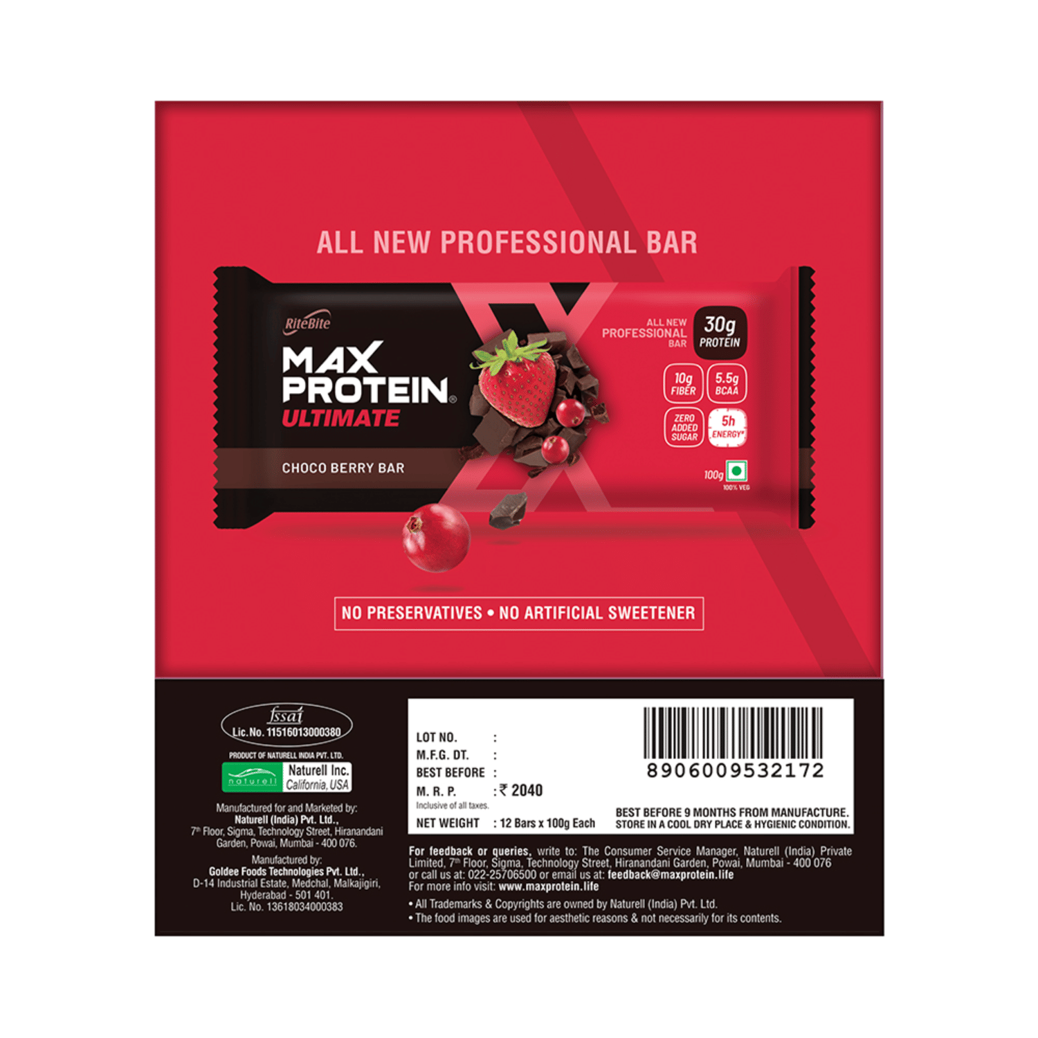 RiteBite Max Protein Ultimate Choco Berry RiteBite Max Protein Ultimate Choco Berry | 6 Bars | 600 g | Pack of 2