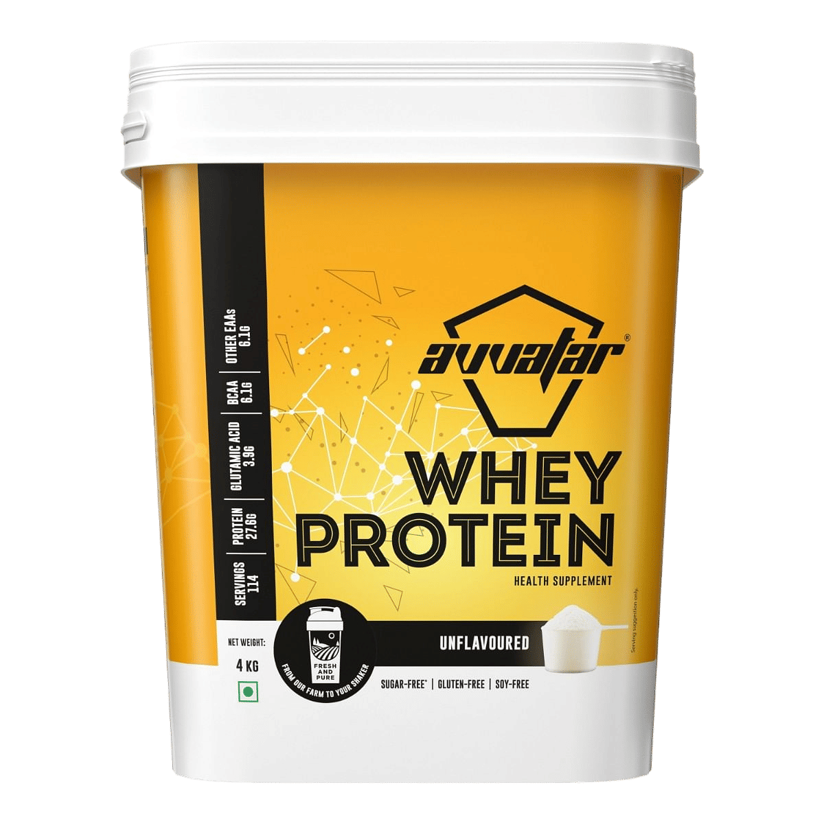 Avvatar Whey Protein 4kg | Unflavoured | 114 Servings | 27.6g Protein | Sugar free | Gluten free | Soy free