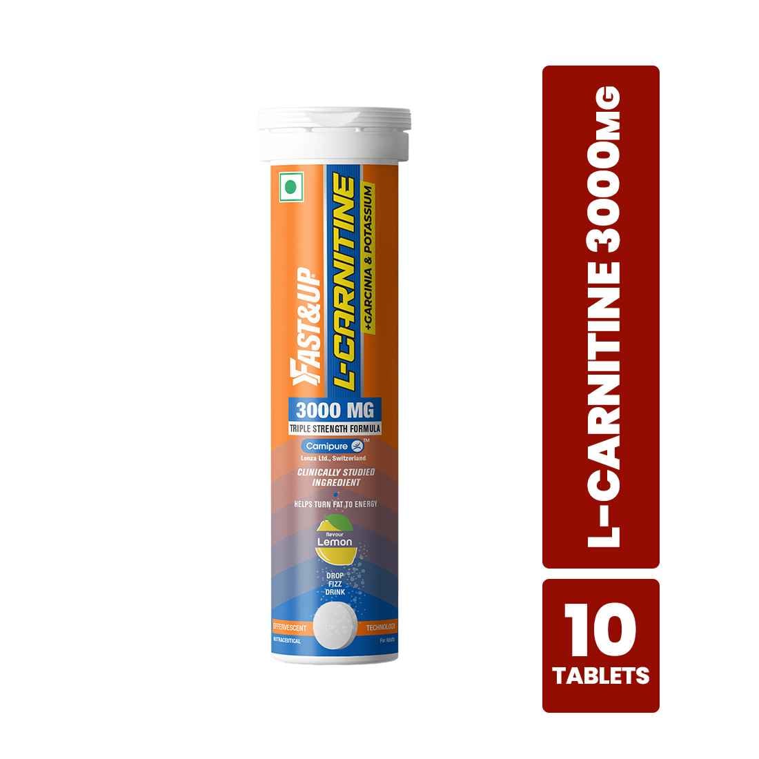 FAST&UP L-Carnitine Tartrate 3000mg (Pack of 10 Effervescent Tablets, Lemon Flavor), Carnipure Lonza Switzerland, helps convert fat into energy, Energy Booster with added Garcinia and potassium