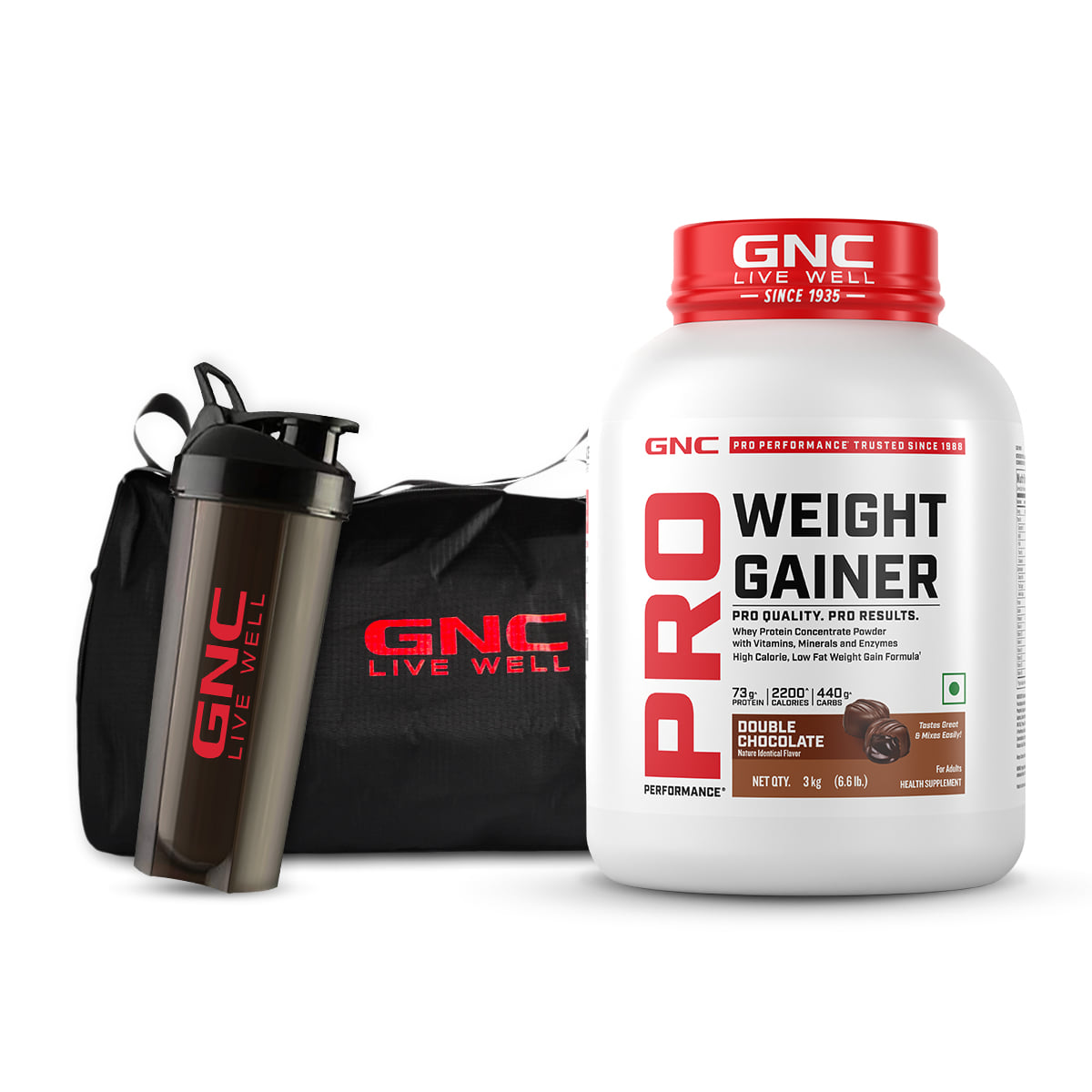 GNC Pro Performance Weight Gainer, Gym Bag & Black Plastic Shaker Combo | Double Chocolate | 3 Kg | Promotes Healthy Body Gains | Reduces Muscle Breakdown