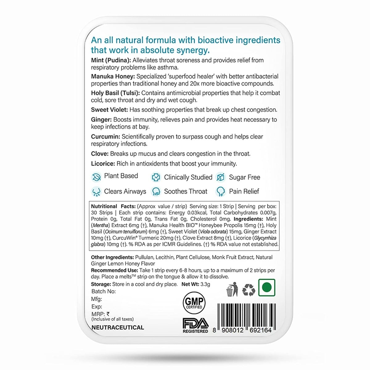 Wellbeing Nutrition Melts instant Throat Relief with 100% Natural Tulsi Manuka Honey Clove Licorice Curcumin Ginger Mint| Alleviates Cough Sore Throat Relief Pain Relief (30 Oral Strips Pack of 2)