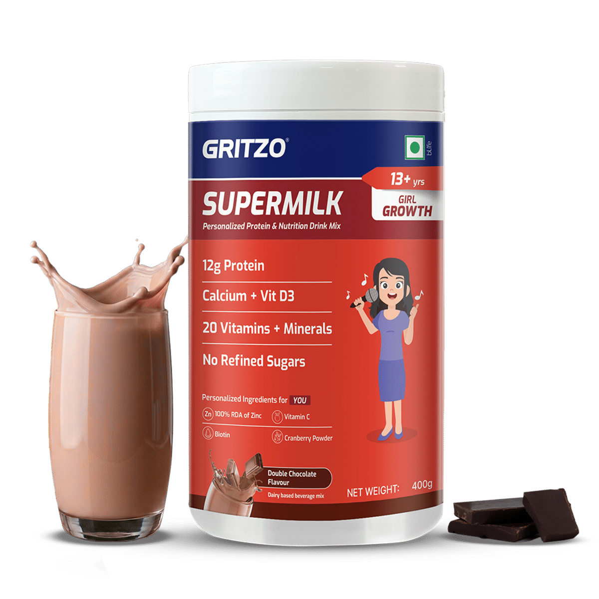 Gritzo SuperMilk Growth (13+y Girls) | 12g Protein Powder (Double Chocolate, 400g)