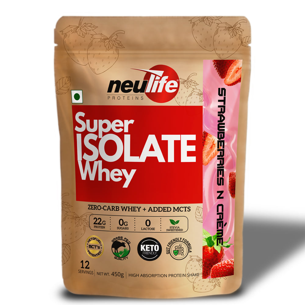 Neulife Super Isolate Whey | Next Gen Whey Isolate with Ketofuel MCTs ( Strawberries & Crme, 450g)