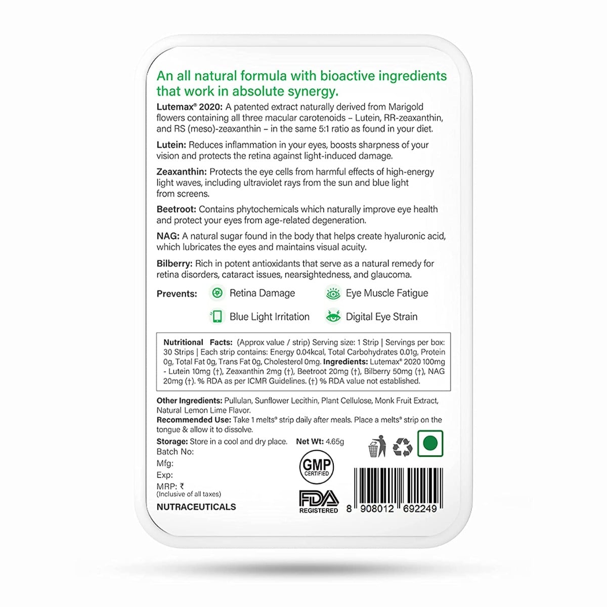 Wellbeing Nutrition Melts Eye Care Vitamins with Lutemax 2020 (Lutein + Zeaxanthin) Bilberry Beetroot | Prevents Blue Light Damage Glare Sensitivity & Digital Strain Guard (30 Oral Strips Pack of 2)