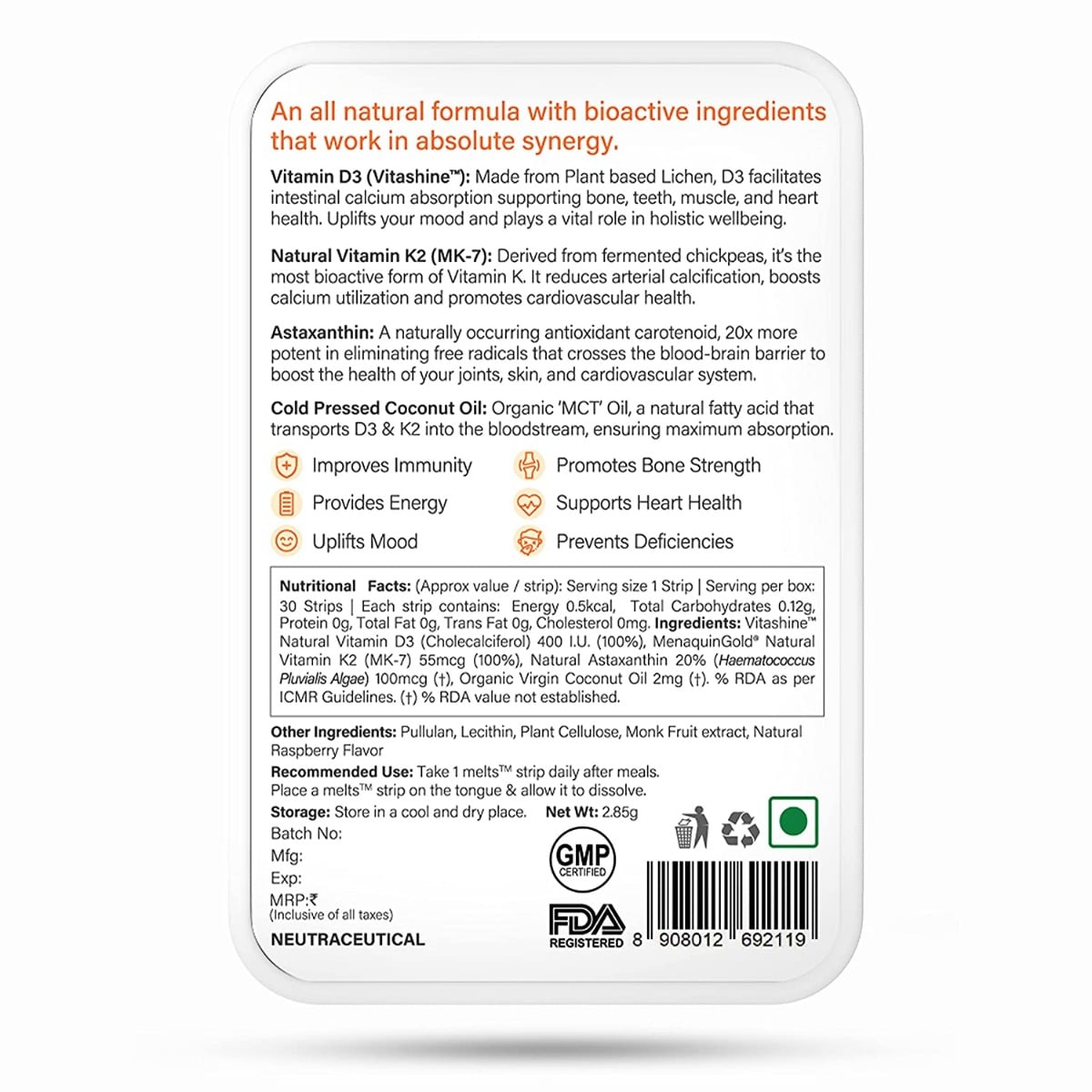 Wellbeing Nutrition Melts Natural Vitamin D3 + K2 (MK-7) with Organic Virgin Coconut Oil & Astaxanthin Plant-Based & Vegan Immunity Heart Muscle Bone and Cellular Protection (30 Oral Strips Pack of 2)