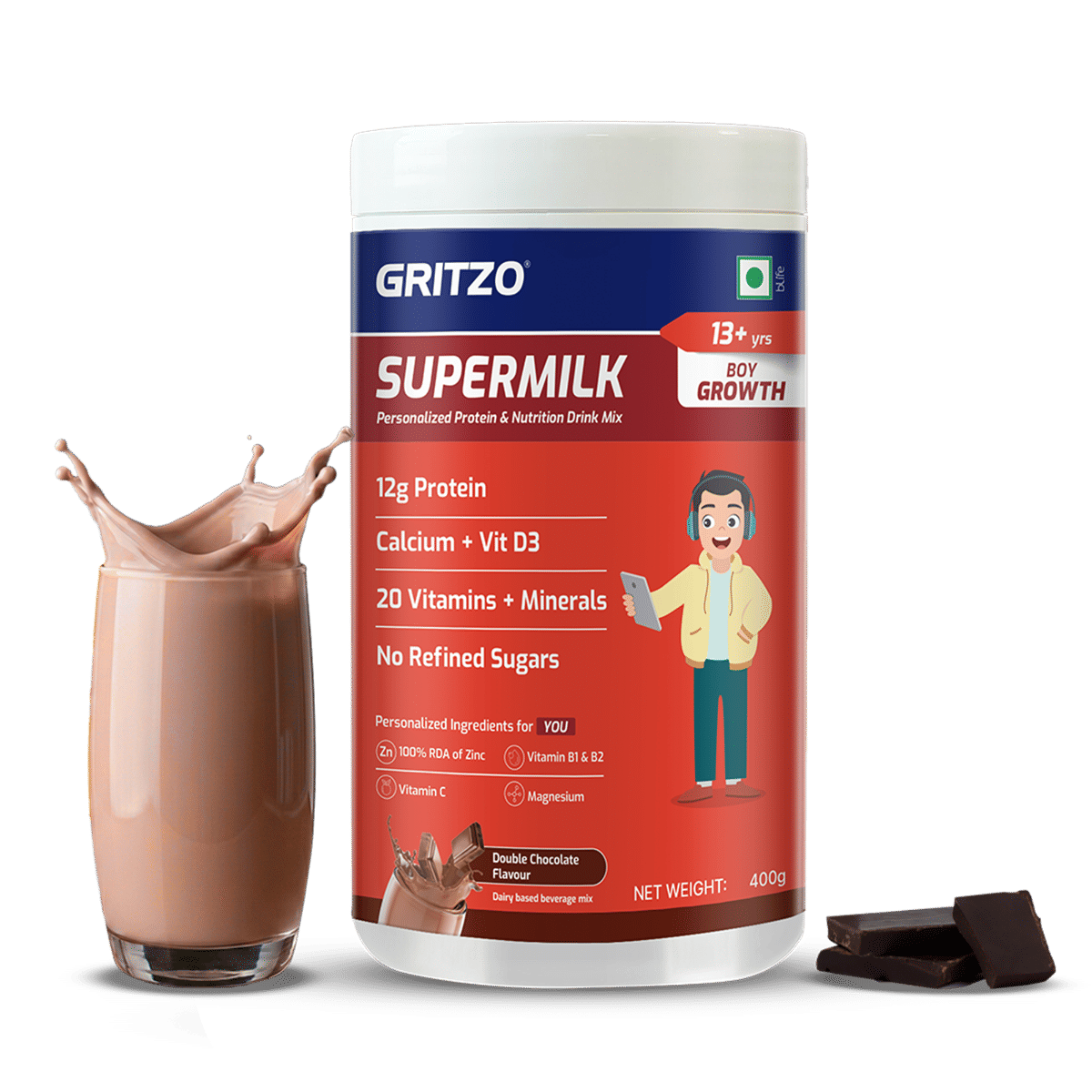 Gritzo SuperMilk Growth (13+y Boys)| 12g Protein Powder (Double Chocolate, 400g)