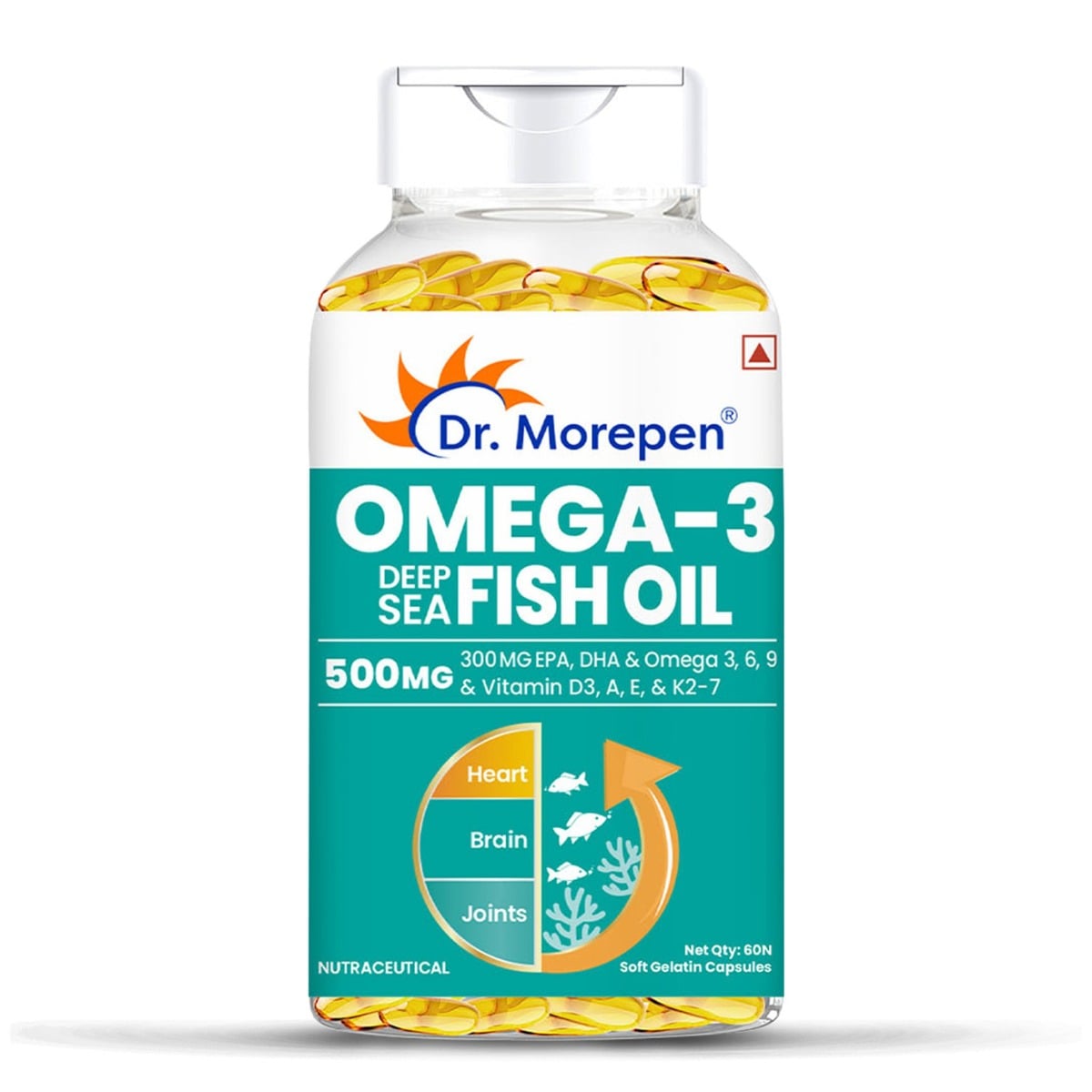 DR. Morepen Omega 3 Deep Sea Fish oil 500mg | 60 softgels | Omega EPA DHA Vitamin A, D, E K2 | Heart | Brain | Joints