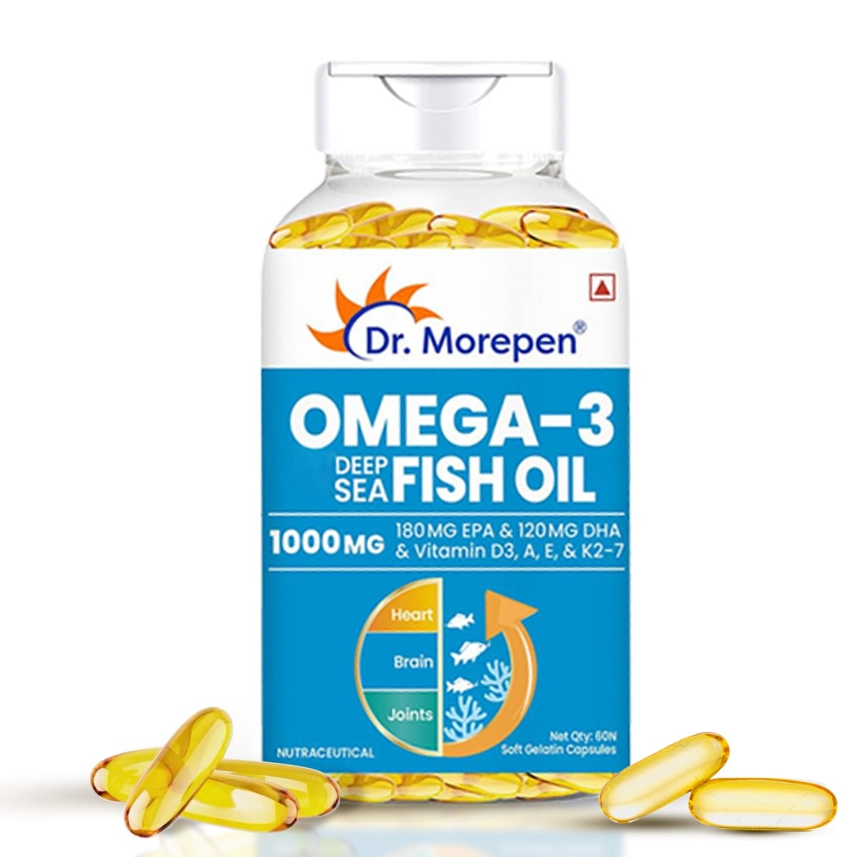 DR. Morepen Omega 3 Deep Sea Fish oil 1000mg | 60 softgels | Omega DHA Vitamin A D3 E & K27 | Heart | Brain | Joints