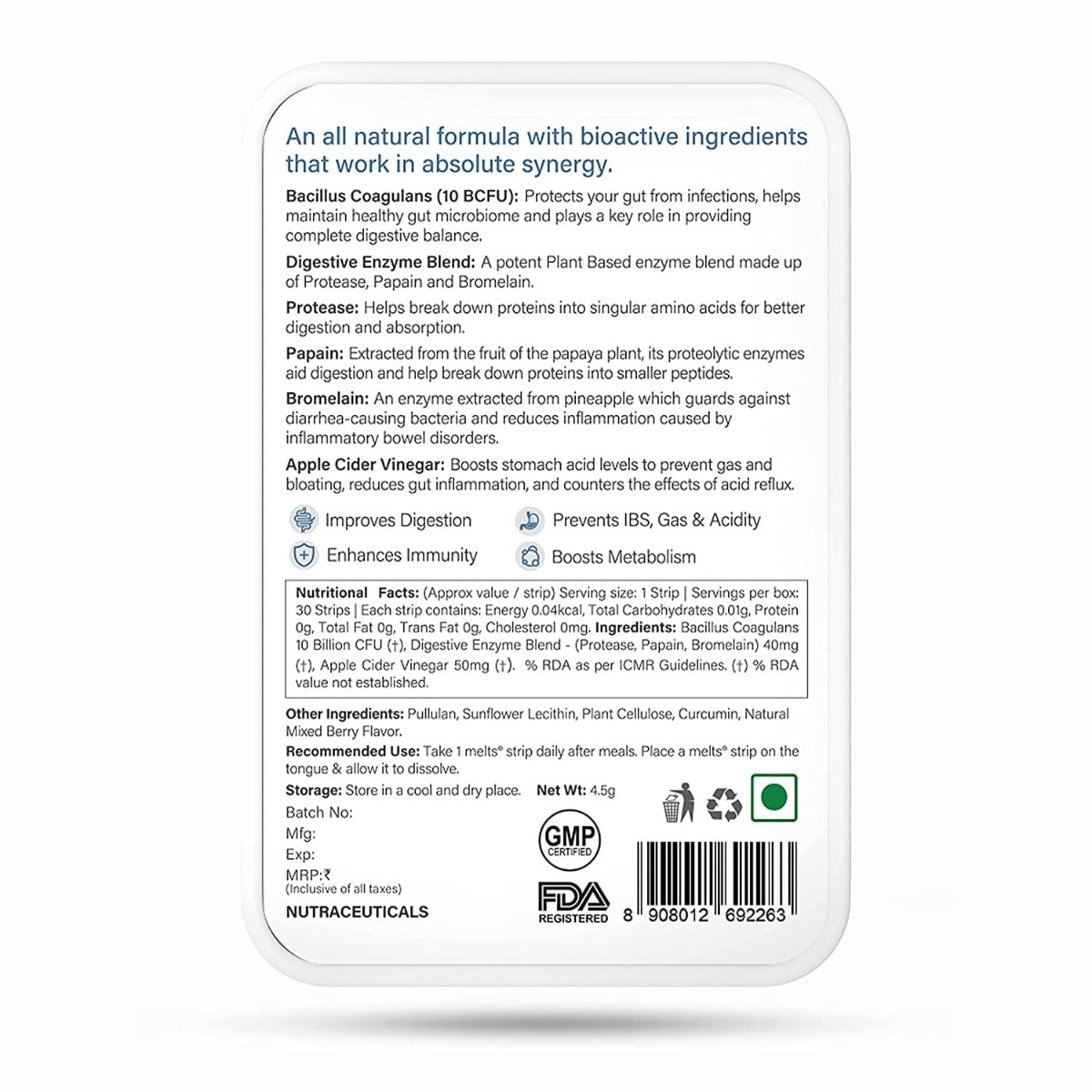 Wellbeing Nutrition Melts Healthy Gut |Plant Based Probiotic 10B CFU, Digestive Enzyme (Protease & Papain) with Organic Apple Cider Vinegar For Indigestion, Gas, Acidity and Bloating (30 Oral Strips Pack of 2 )