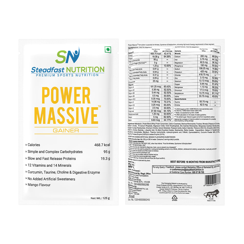 Steadfast Nutrition Power Massive |Mass Gainer for Men| Protein Powder for Weight Gain, Muscle Gainer, Muscle Mass and Fast Results 3.7kg |Blend of Carbohydrates| 30 sachets|125g per Sachet (Mango)