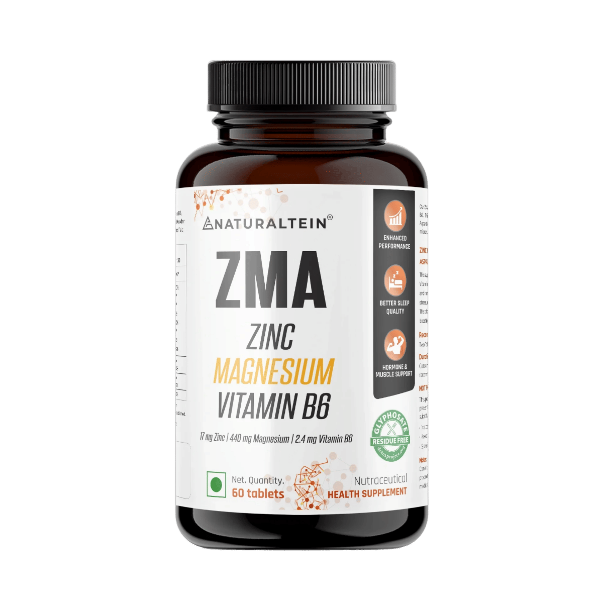 NATURALTEIN ZMA (Zinc Magnesium Vitamin B6)- Enhanced Absorption, Sports Recovery (60 Tablets)