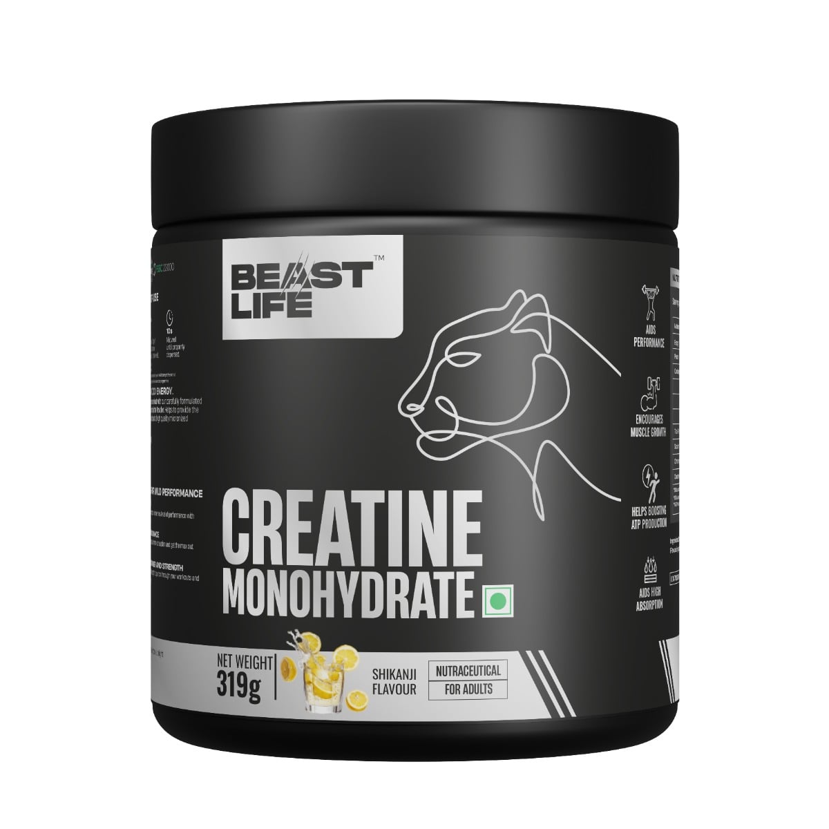 BeastLife Micronised Creatine Monohydrate Powder Shikanji 319g | 86 Servings | NABL Lab Tested | Rapid Absorption for Muscle Strength & Athletic Performance