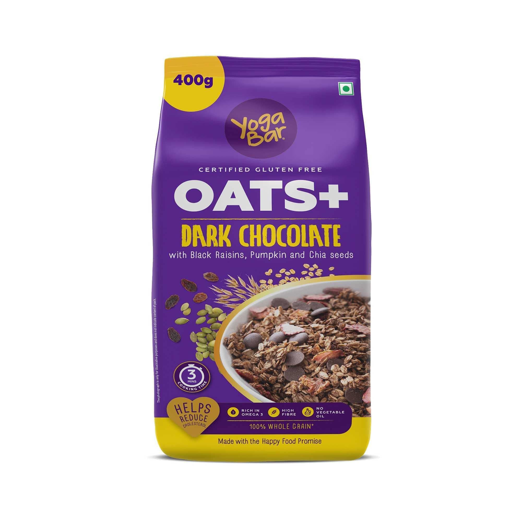 Yogabar Dark Chocolate Oats Gluten Free Whole Oatmeal for Breakfast Healthy Breakfast Cereal with High Protein Oats Healthy Dessert Pudding Yogabar Dark Chocolate Oats 400g | Wholegrain | Reduces Cholesterol | Healthy Breakfast Cereal Gluten Free Oats Hi