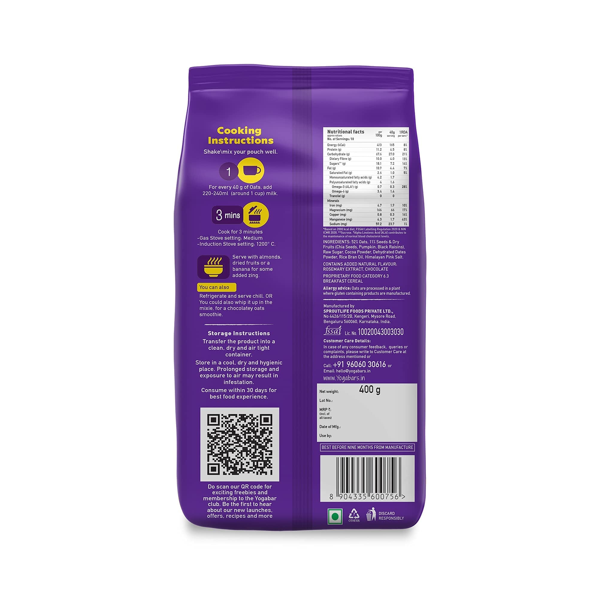 Yogabar Dark Chocolate Oats Gluten Free Whole Oatmeal for Breakfast Healthy Breakfast Cereal with High Protein Oats Healthy Dessert Pudding Yogabar Dark Chocolate Oats 400g Gluten Free Whole Oatmeal for Breakfast Healthy Breakfast Cereal Pack Of 2
