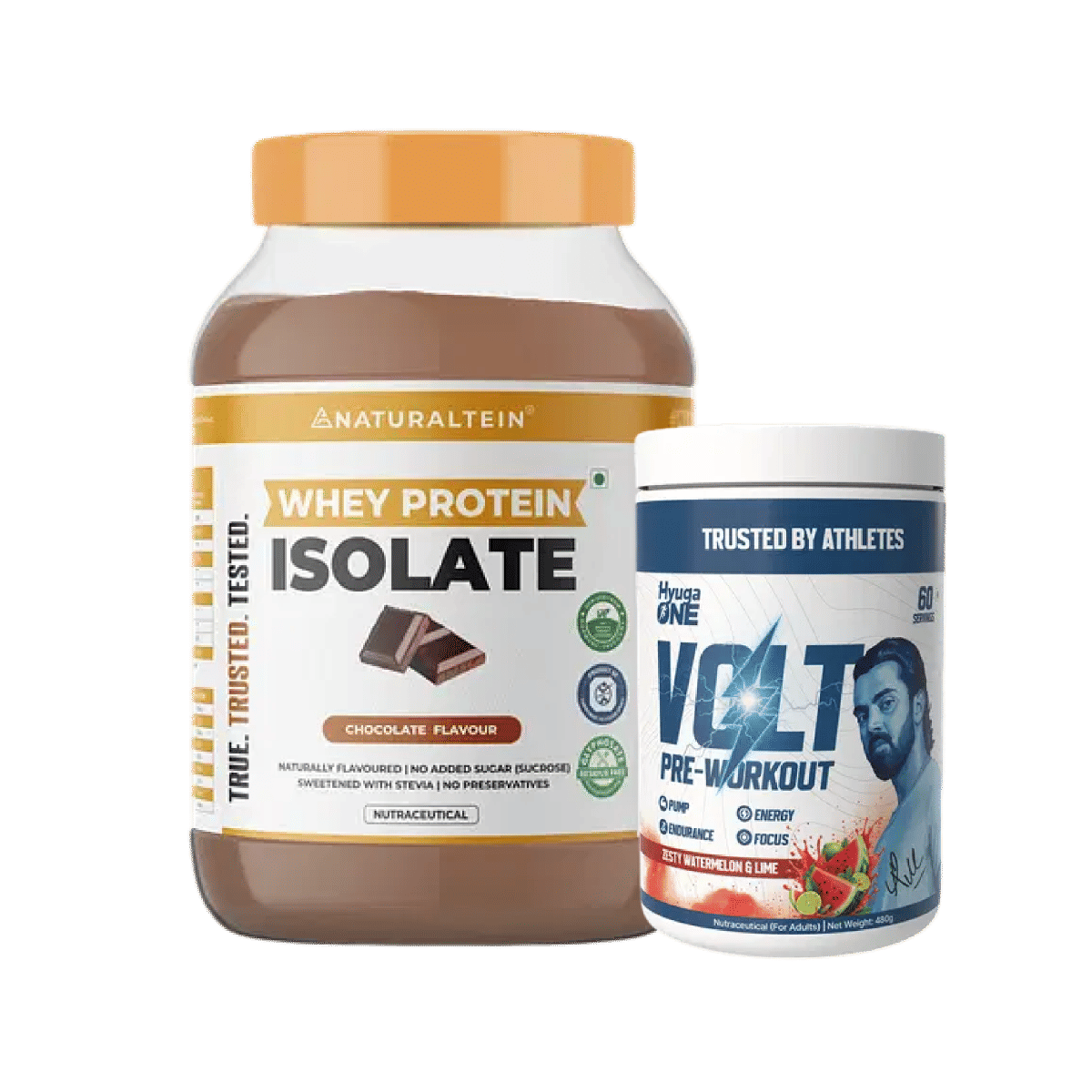 NATURALTEIN Whey Protein Isolate Chocolate 1 kg & Hyuga One VOLT Pre ...