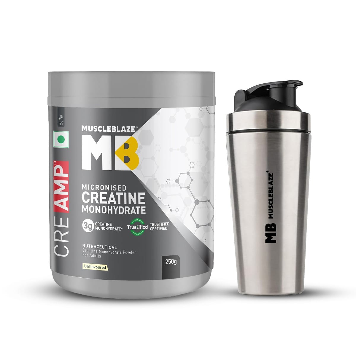 MuscleBlaze Micronised Creatine Monohydrate CreAMP (Unflavoured, 80 Servings, 250g) | Trustified Certified Creatine with Gym Steel Shaker-image-34