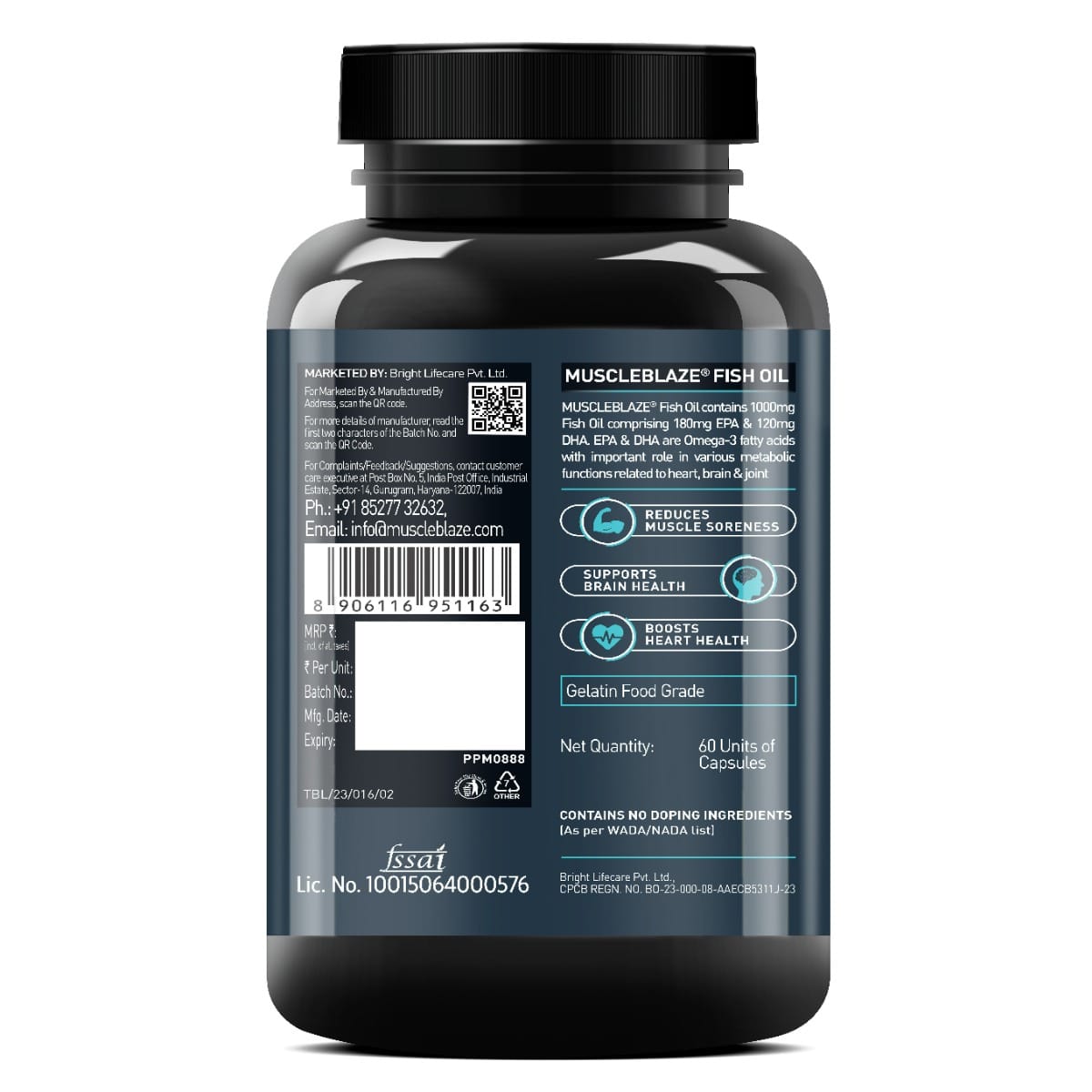 MuscleBlaze MB Fish Oil 1000mg | 60 Capsules | Muscle | Brain | Heart