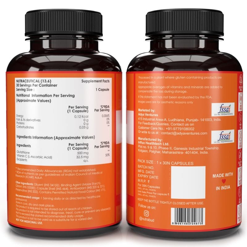 Nutrabud Glutathione Tablets 500mg with Vitamin-C 30 Veg Capsules