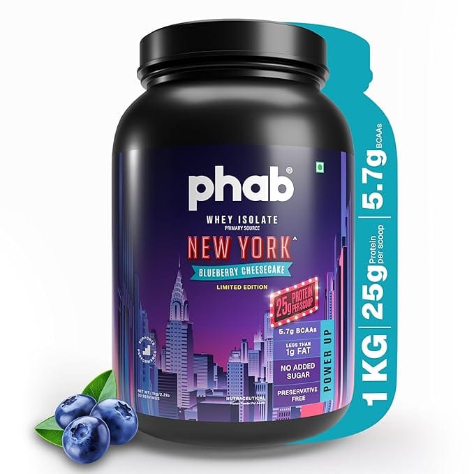 Phab Whey Isolate Protein Blueberry Cheesecake 1kg | 25g Protein per Scoop | 5.7g BCAAs, 11.97g EAAs | No Added Sugar, <1g Fat | Gluten Free, Diabe... 1 4020105 1