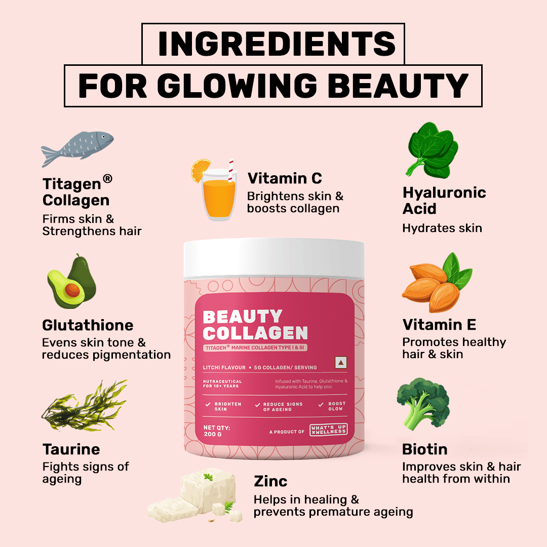 beauty glutathione collagen What's Up Beauty Collagen with Glutathione, Biotin, & Vitamin C for  brighter, youthful, & spotless skin. Certified Titagen Collagen. Benefits  Skin, Hair & Nails. Supports Bone & Joint Health. Litchi Flavour