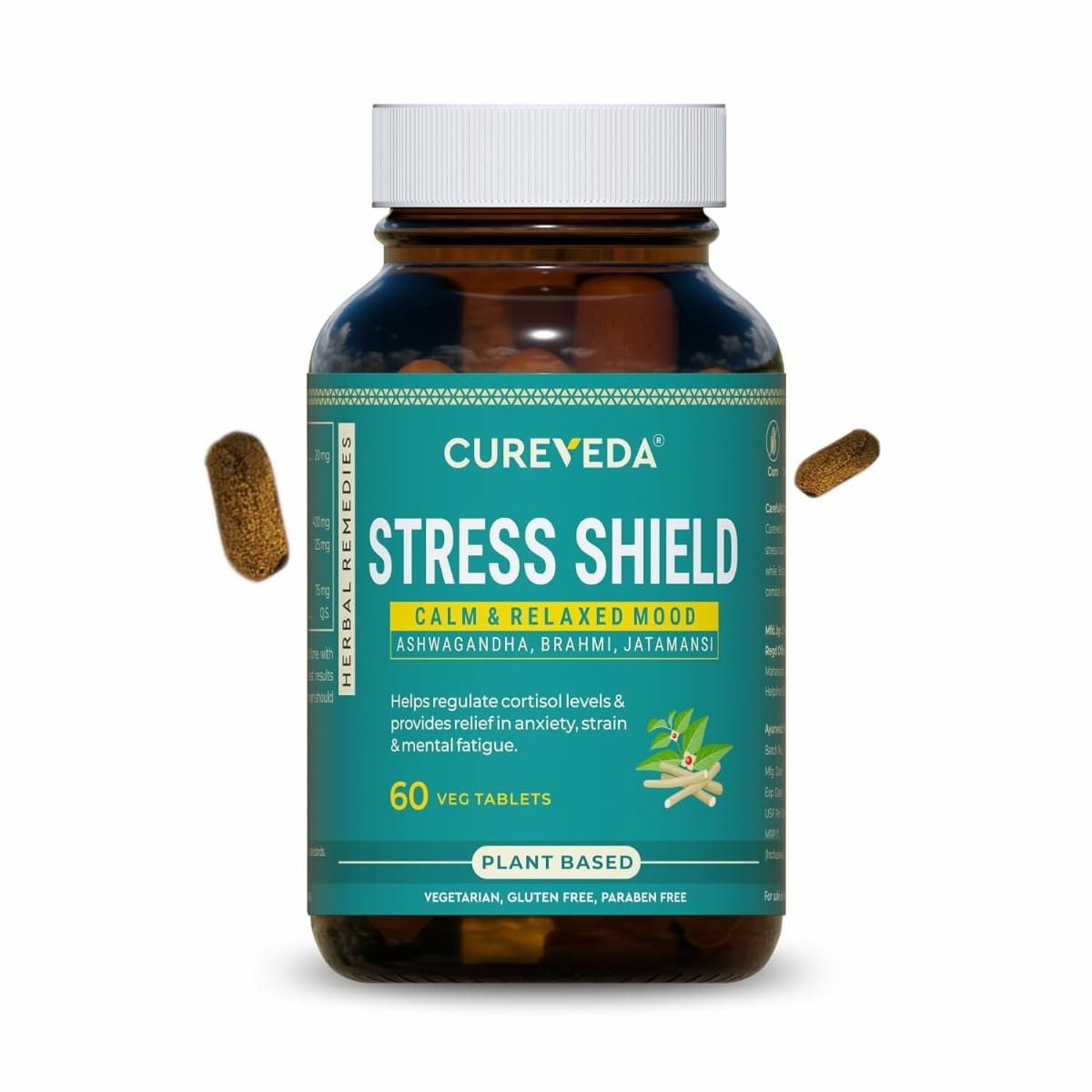 Cureveda Herbal Stress Shield Tablets Support for Stress, Fatigue and Tension (Gold standard Ashwagandha, Brahmi, Jatamansi General Wellness 60 Tablets-image-40