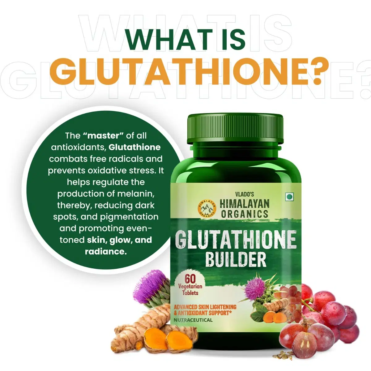 himalayan organics glutathione builder Vlado's Himalayan Organics Glutathione Builder for Anti Ageing & Skin  Brightening with ( Vitamin C, E, B6 & Curcumin ) 60 Veg Tablets