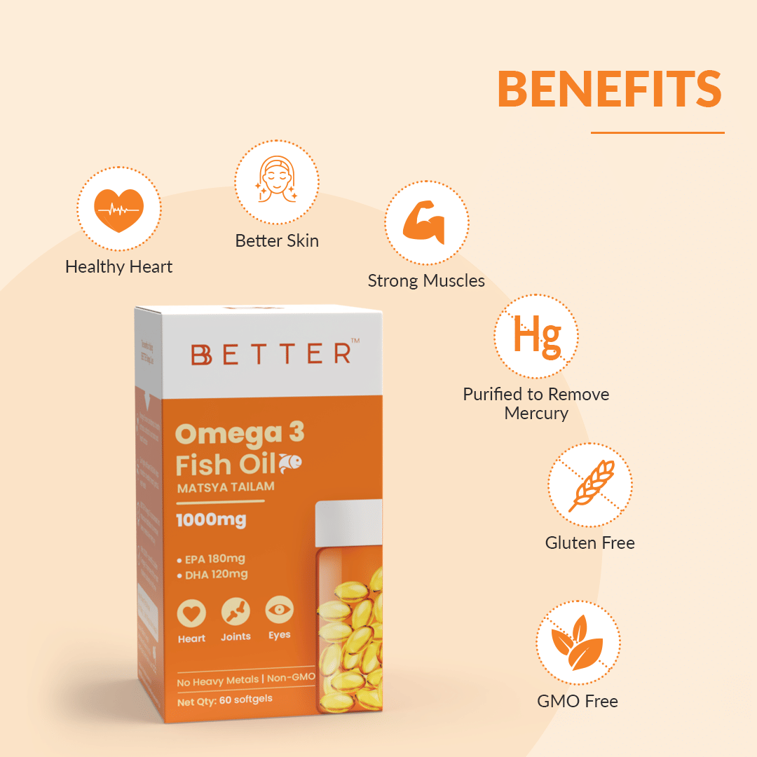 BBETTER Omega 3 Fish Oil 1000mg | 60 Softgels | High Strength, Brain ...