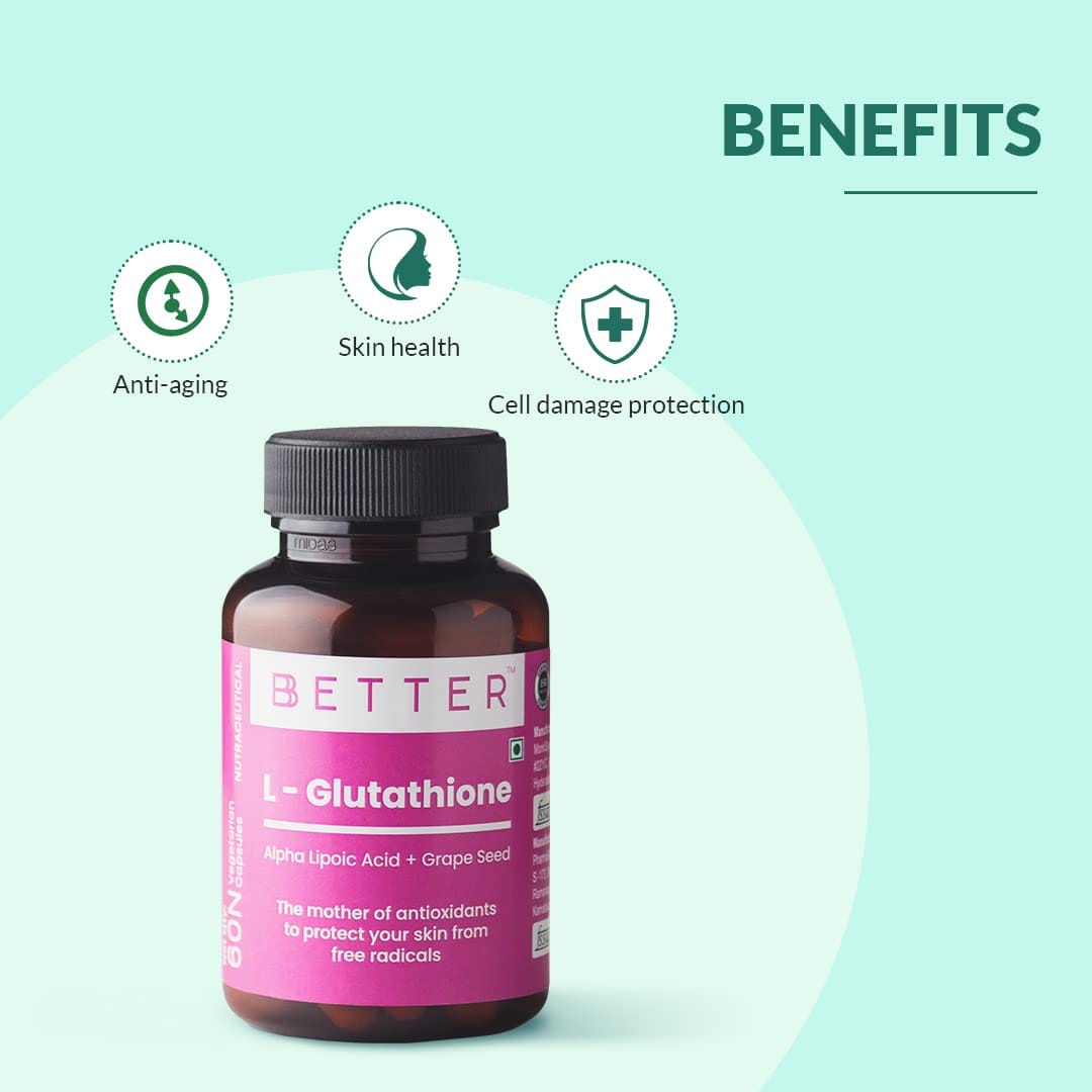 BBETTER L Glutathione for Skin with Vitamin C Vitamin E Grape seed extract Alpha lipoic acid and Biotin, 60 veggie capsule (s)