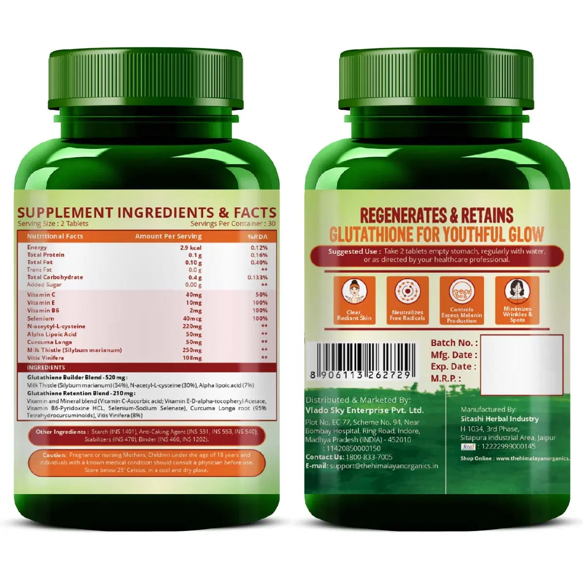 Vlado's Himalayan Organics Glutathione Builder for Anti-Ageing & Skin  Brightening with ( Vitamin C, E, B6 & Curcumin )
