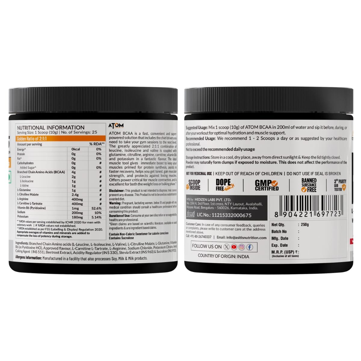 AS-IT-IS Nutrition ATOM BCAA 250g powder with L-arginine, L-Carnitine ...