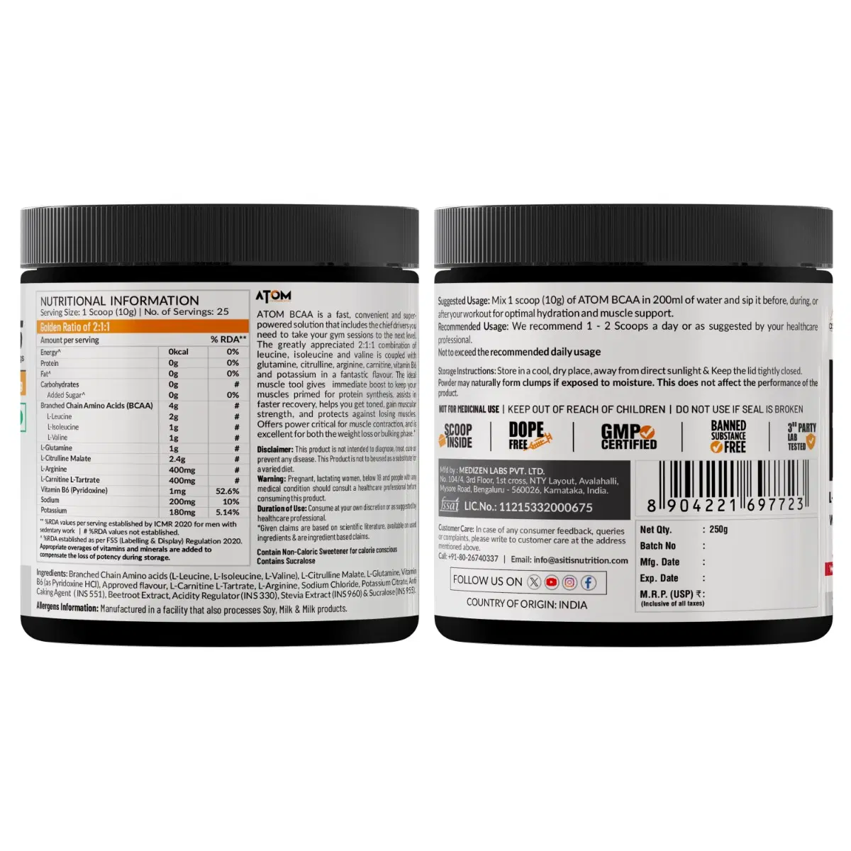 bcaa carnitine l arginine AS-IT-IS Nutrition ATOM BCAA 250g powder with L arginine, L-Carnitine, L-Citrulline  for Energy Burst & Athletic Performance