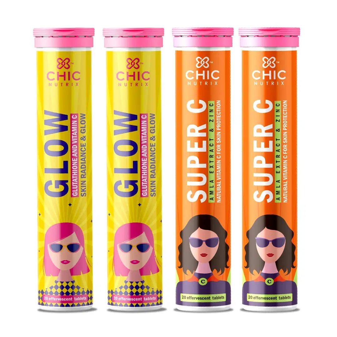 Chicnutrix Glow + Super C Japanese Glutathione 500mg Natural Amla Extract Vitamin C + Zinc Spotless Acne free Skin 20 Tablets each Pack of 4 Strawberry Lemon Flavour, Fizzy Orange Flavour