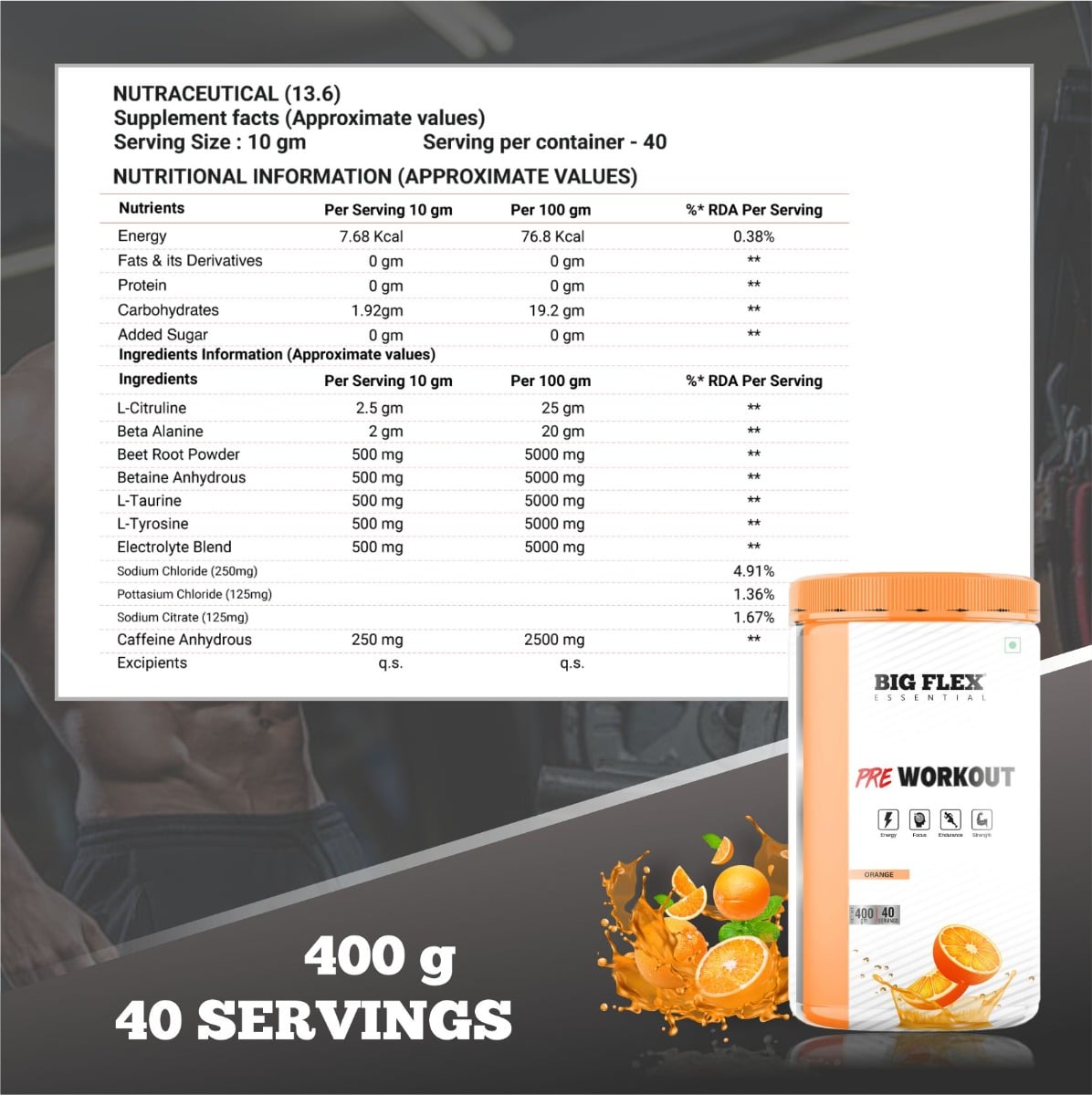 Bigflex Essential Pre - Workout (Orange) (400Gm) - Jar