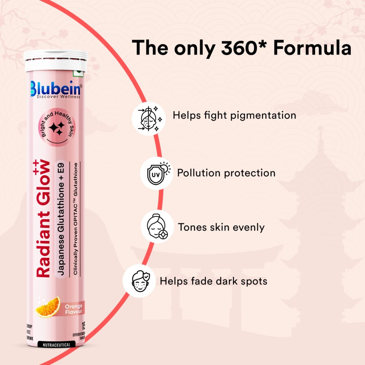 japanese opitac glutathione for glowing skin Blubein Radiant Glow Drink | with Antioxidants Healthy & Skin | 600mg L-Glutathione & Vitamin C for Clear Skin | Orange Flavor Arencia Vitamin C & nad plus Size:9 Pcs