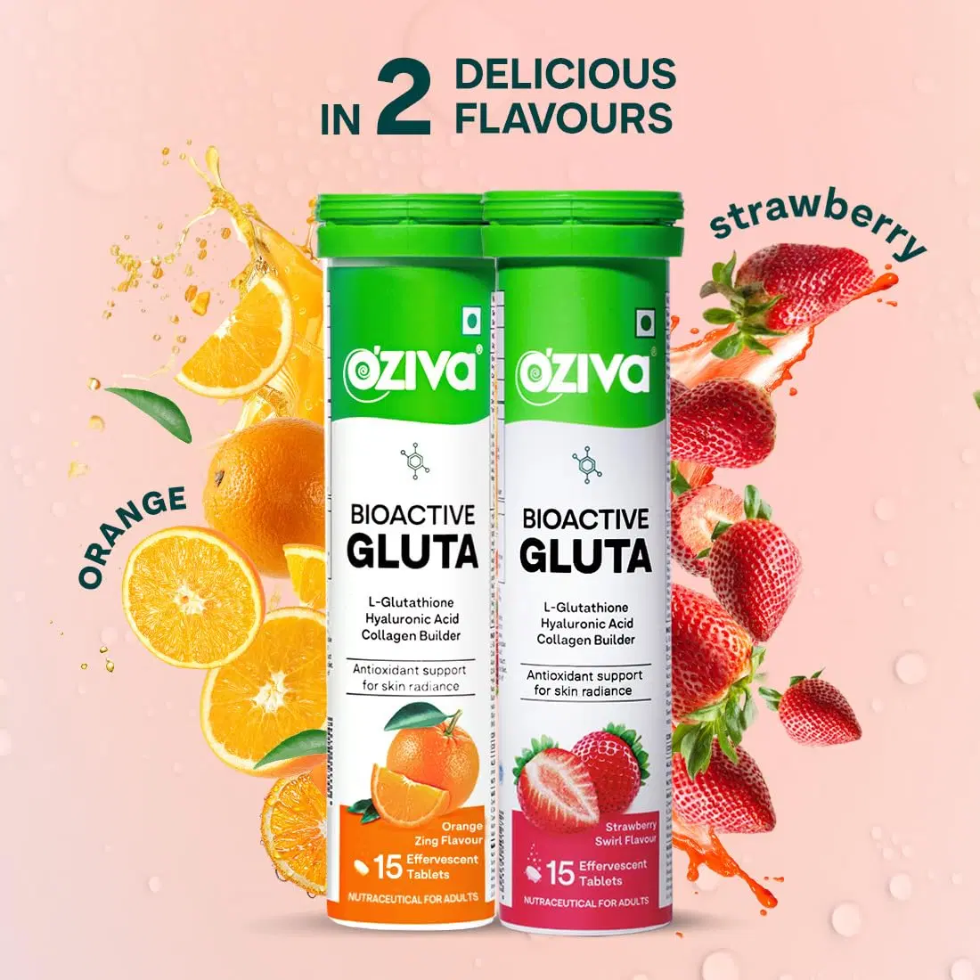 OZiva Bioactive Gluta Fizzy ( L-Glutathione, Hyaluronic Acid, Asthaxanthin, Lycopene & Collagen Builder) to Reduce Cellular Damage Strawberry swirl, Pack of 2 (30 Tablets)