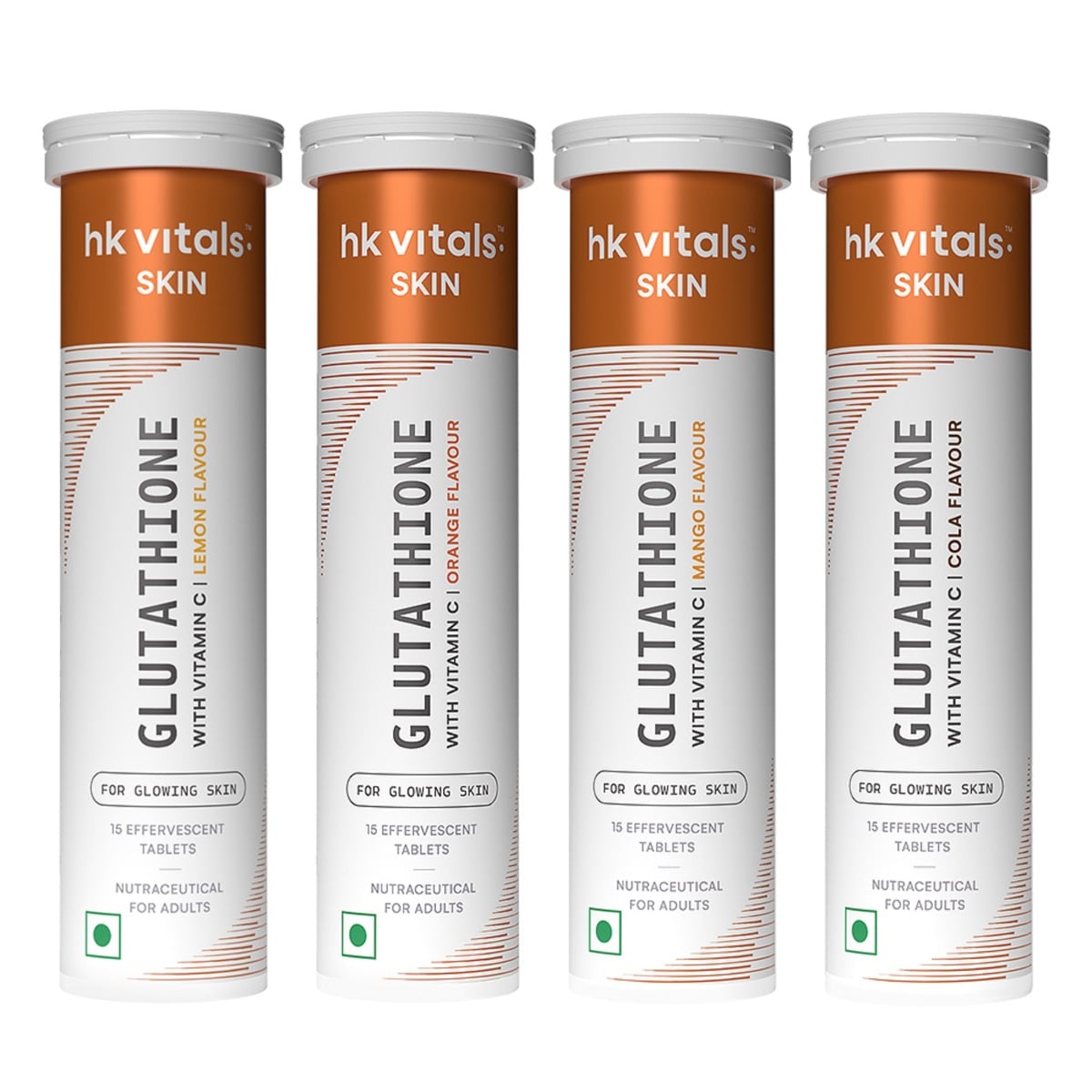 HK Vitals Glutathione (Orange, Lemon, Mango and Cola, 15 Effervescent Tablets) | L-Glutathione Tablets with Vitamin C & E | For Skin Glow & Hydration (Pack of 4)