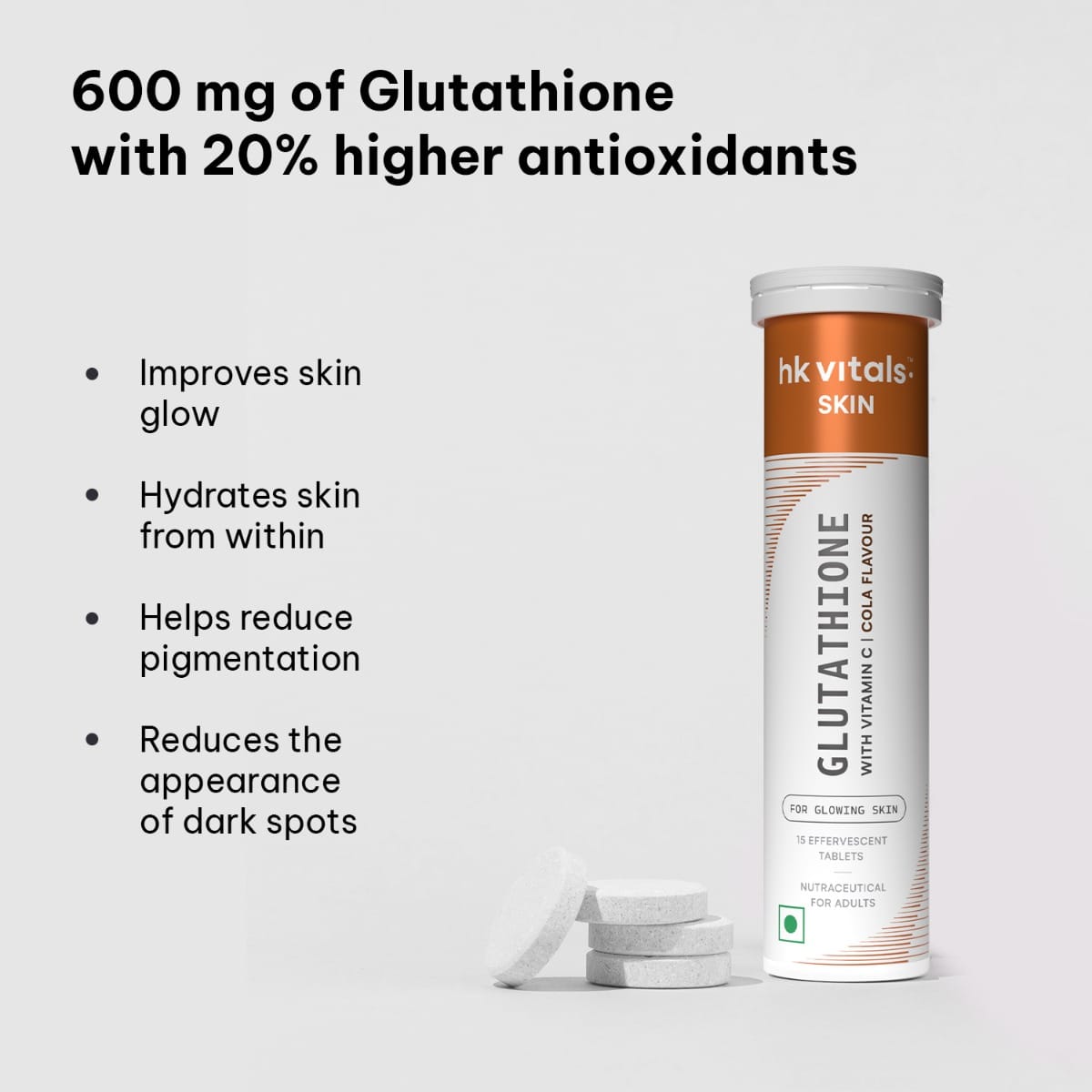 HK Vitals Glutathione (Orange, Watermelon, Lemon, Mango and Cola, 15 Effervescent Tablets) | L-Glutathione Tablets with Vitamin C & E