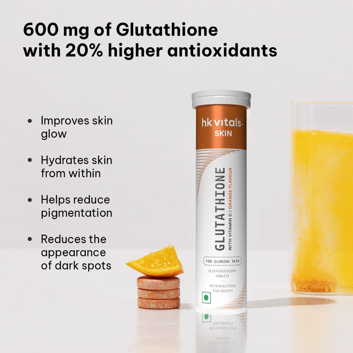HK Vitals Glutathione (Cola, Orange 15 Effervescent Tablets) | L-Glutathione Tablets with Vitamin C & E