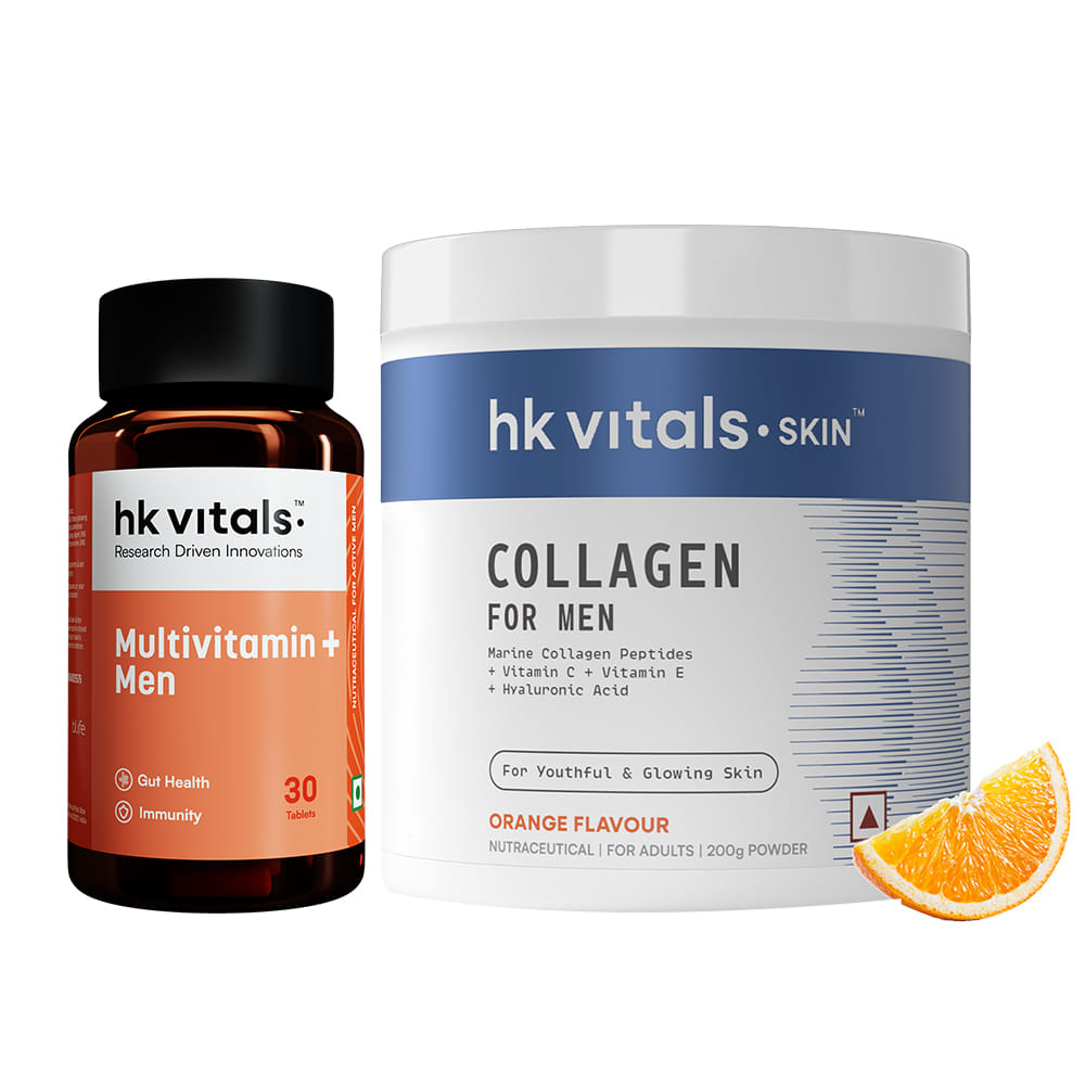 HK Vitals Marine Collagen for Men Supplement (Orange, 200g) with Multivitamin Plus Men (30 Tablets) | Vitamin C, E, Sodium Hyaluronate | For Youthful & Glowing Skin