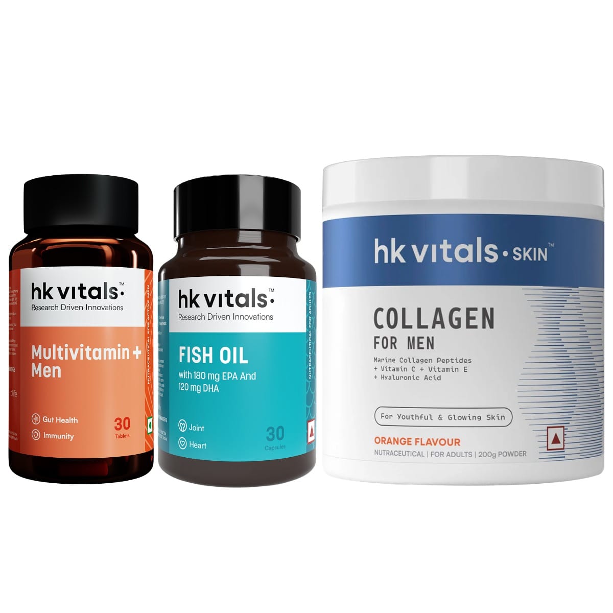 HK Vitals Marine Collagen for Men Supplement (Orange, 200g) with Fish Oil (30 Capsules) & Multivitamin Plus Men (30 Tablets) | Vitamin C, E, Sodium Hyaluronate | For Youthful & Glowing Skin