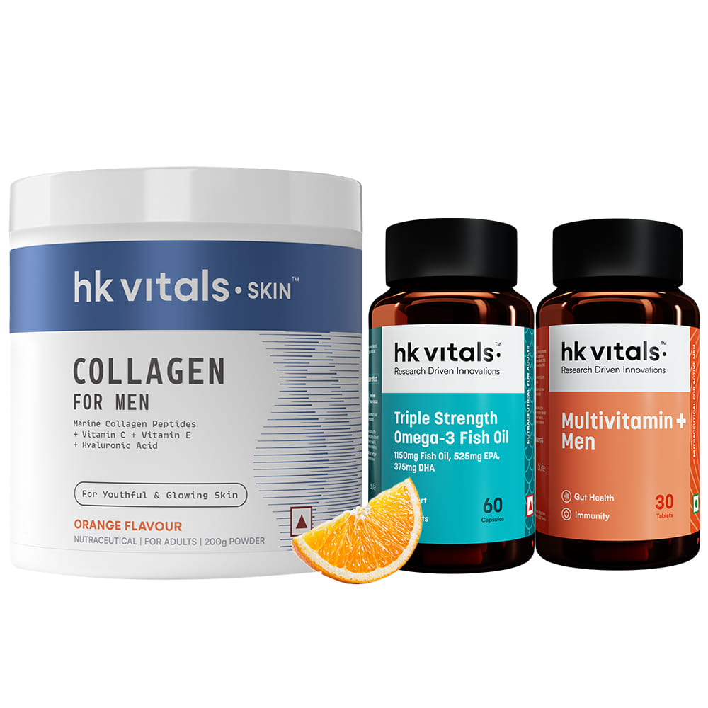 HK Vitals Marine Collagen for Men Supplement (Orange, 200g) with Triple Strength Omega-3 Fish Oil Supplement (60 Capsules) & Multivitamin Plus Men (30 Tablets) | Vitamin C, E, Sodium Hyaluronate | For Youthful & Glowing Skin