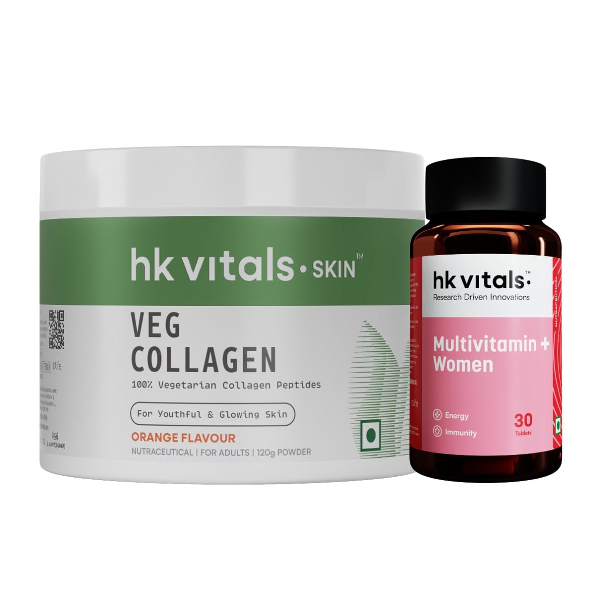 HK Vitals Multivitamin Plus Women (30 Tablets) with Veg Collagen Supplement (Orange, 120g) | Daily Multivitamin for Women | For Energy, Joints, Skin & Hair